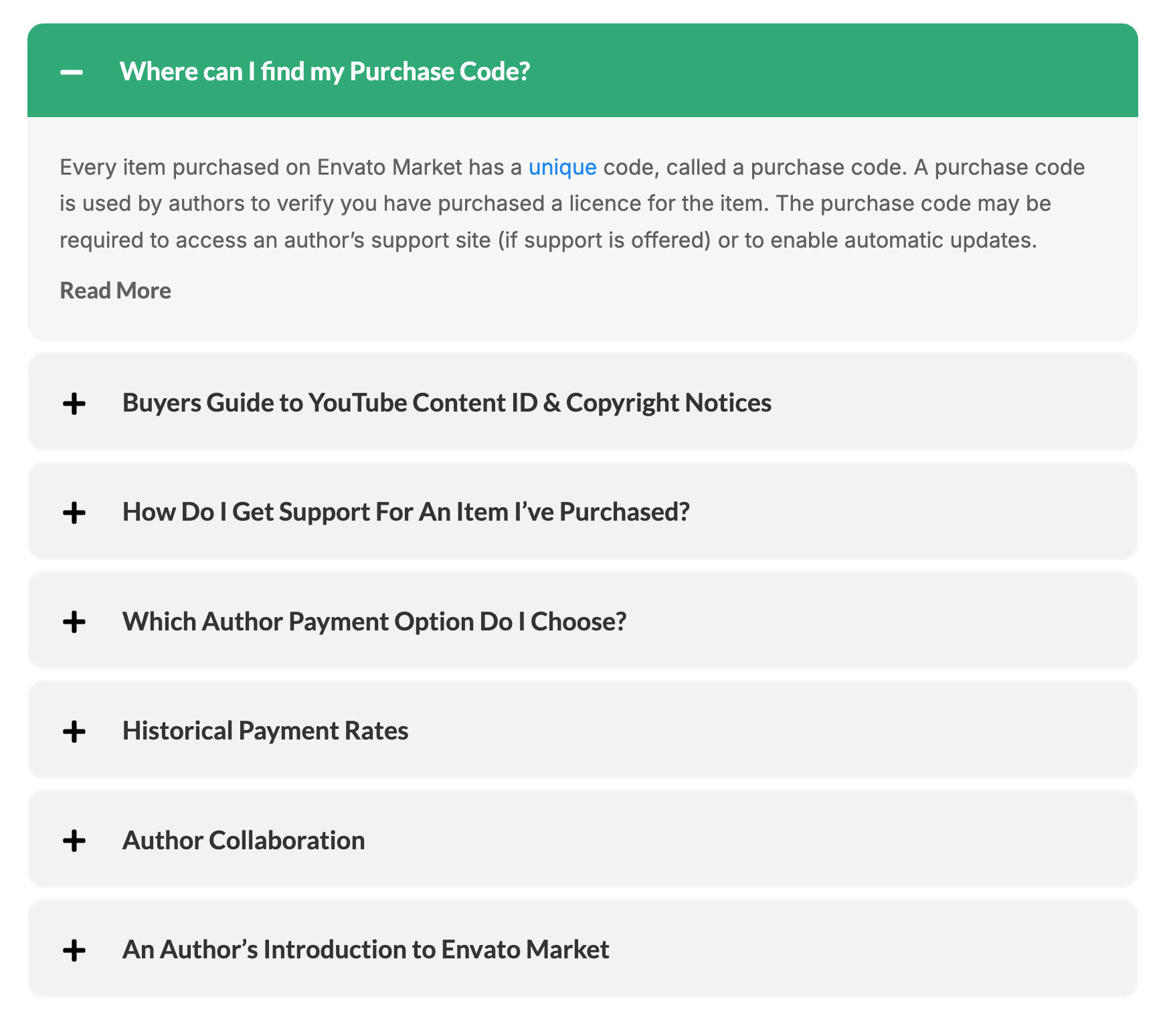 Element Pack FAQ widget with an expanded purchase-code question and collapsed FAQ items Element Pack FAQ widget with an expanded purchase-code question and collapsed FAQ items