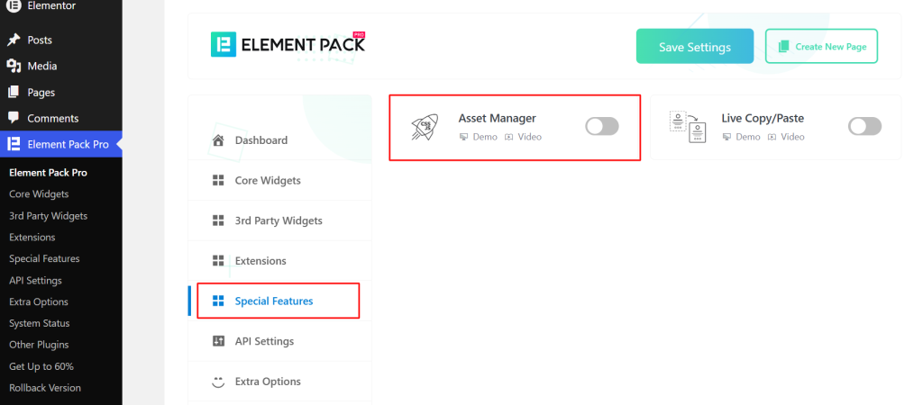 head to Element Pack → Special Features in your WordPress dashboard and open the Assets Manager