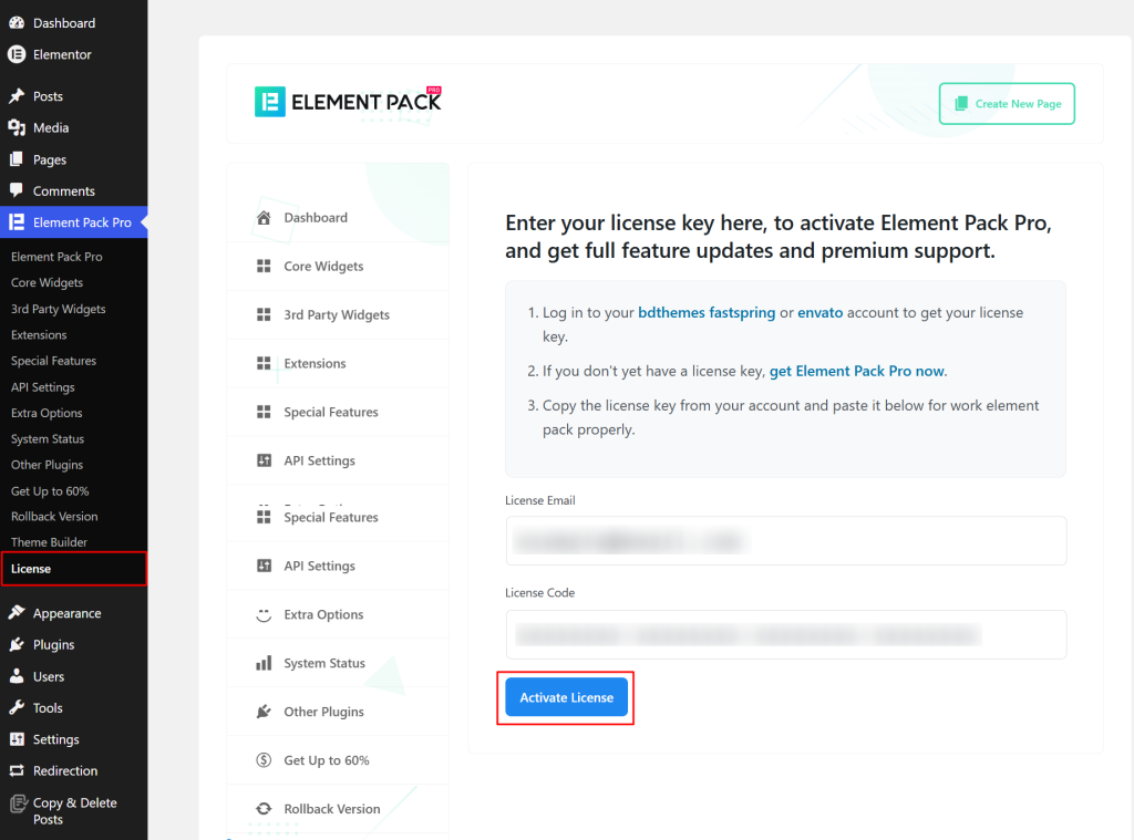 Enter the email address and license code and click on the Activate License button.