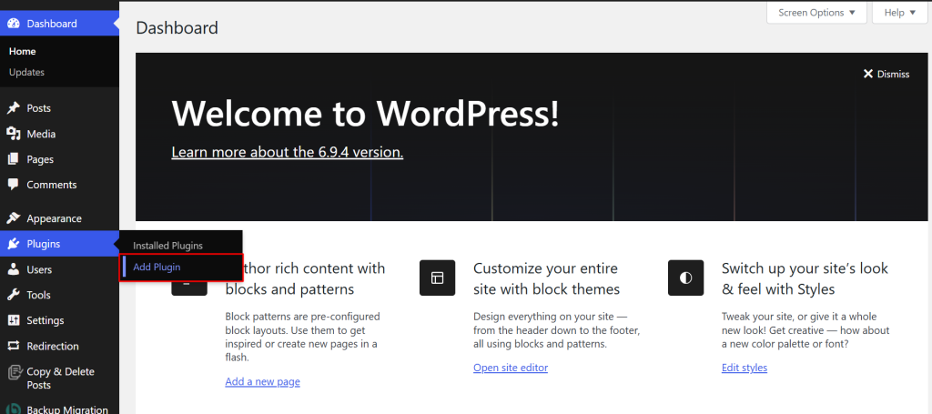 From your WordPress dashboard, head to Plugins → Add New
