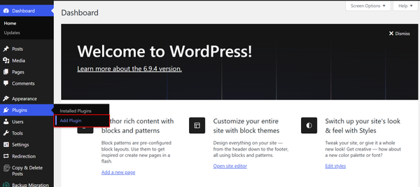 From your WordPress dashboard, head to Plugins → Add New From your WordPress dashboard, head to Plugins → Add New