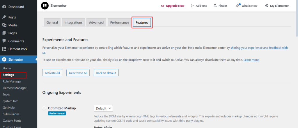 Navigate to Elementor Settings and select the Features option