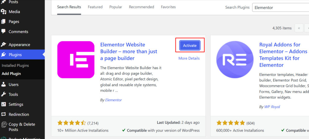 activate Elementor plugin