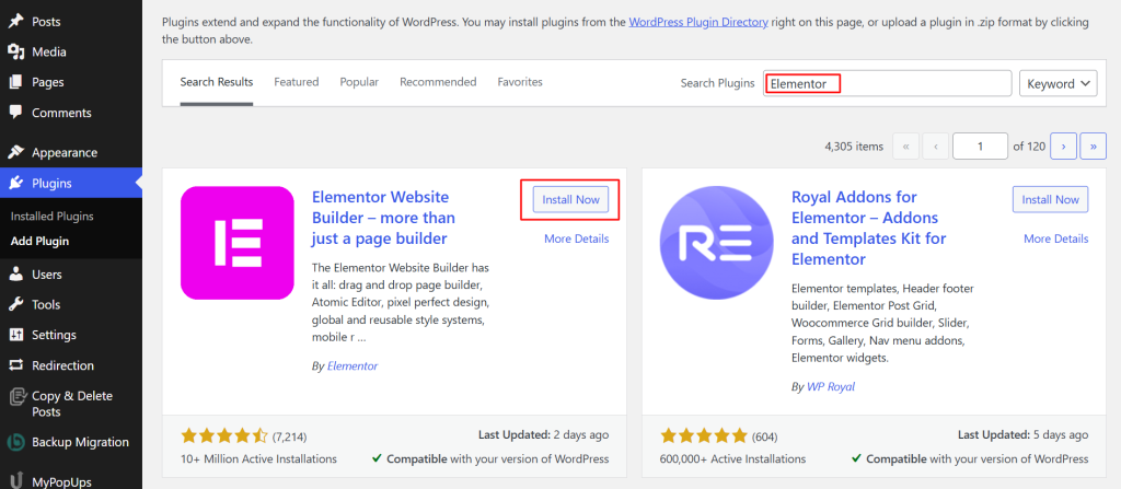 Search for Elementor in the plugin search box and click Install