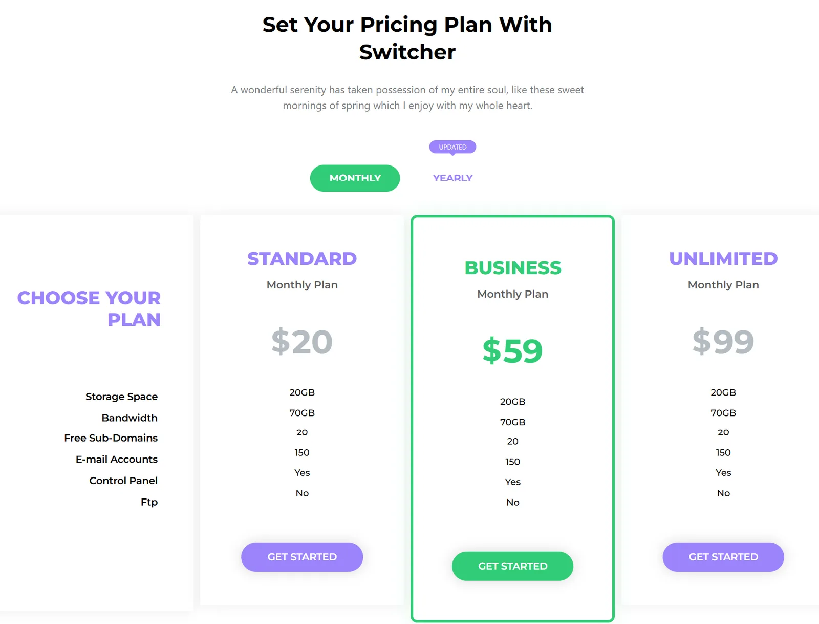 Pricing table widget for comparing small business service plans Pricing table widget for comparing small business service plans