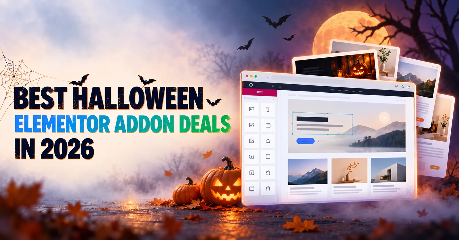 Best Halloween Elementor addon deals in 2026 banner with an Elementor page layout, pumpkins and a full moon