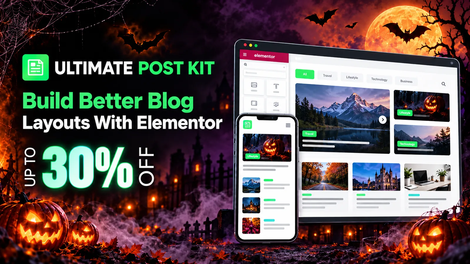 Ultimate Post Kit Halloween deal: build better blog layouts with Elementor, up to 30% off Ultimate Post Kit Halloween deal: build better blog layouts with Elementor, up to 30% off