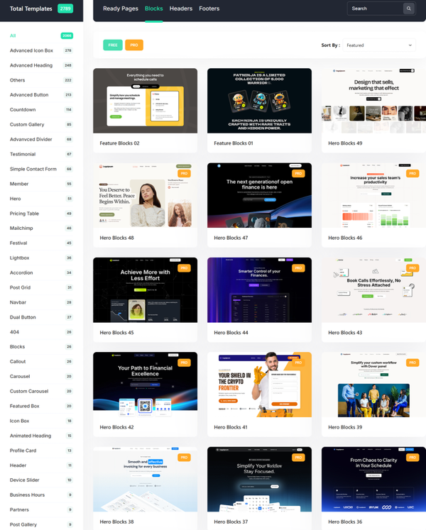Pre-built sections including heroes, feature grids, testimonials, pricing tables and footers Pre-built sections including heroes, feature grids, testimonials, pricing tables and footers