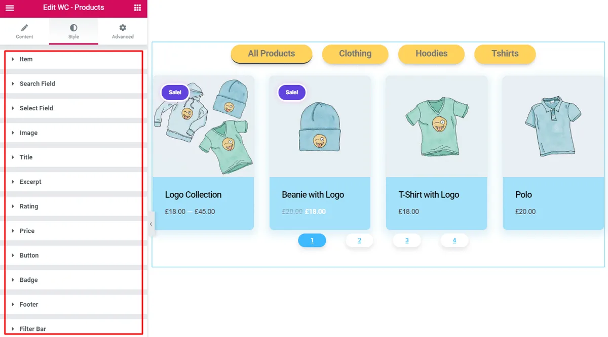 Style tab settings for rating, badge, price, and buttons Style tab settings for rating, badge, price, and buttons