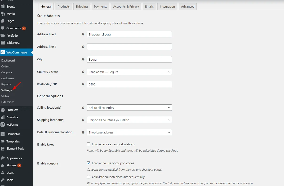 Main WooCommerce store settings Main WooCommerce store settings