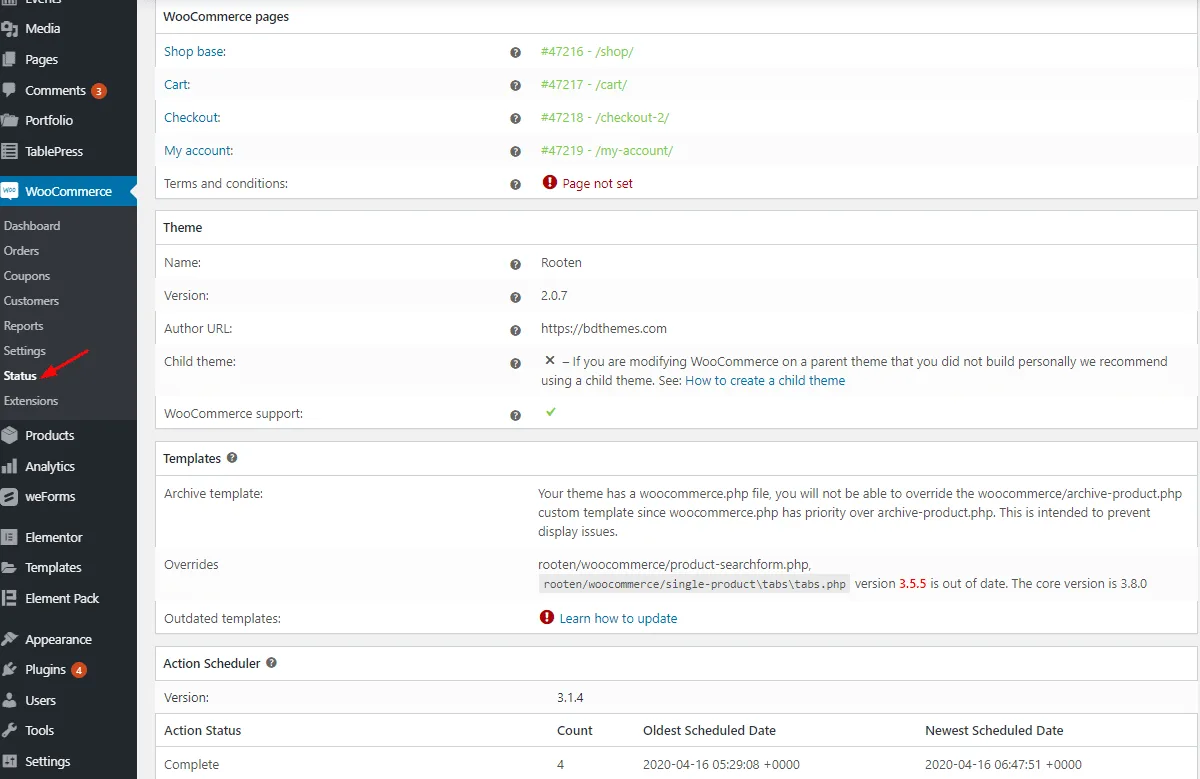 WooCommerce store status and performance screen WooCommerce store status and performance screen