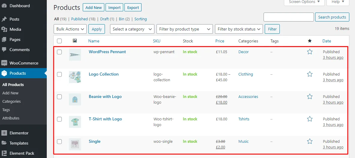 WooCommerce products listing and management screen WooCommerce products listing and management screen