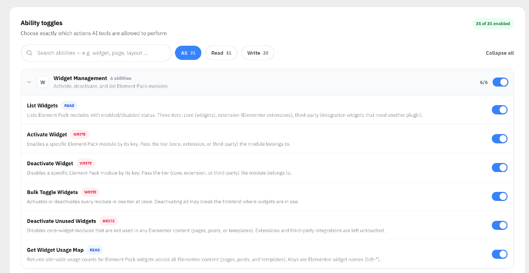 Element Pack Pro AI Tools Abilities tab with widget management tools, Read and Write filters and toggles Element Pack Pro AI Tools Abilities tab with widget management tools, Read and Write filters and toggles