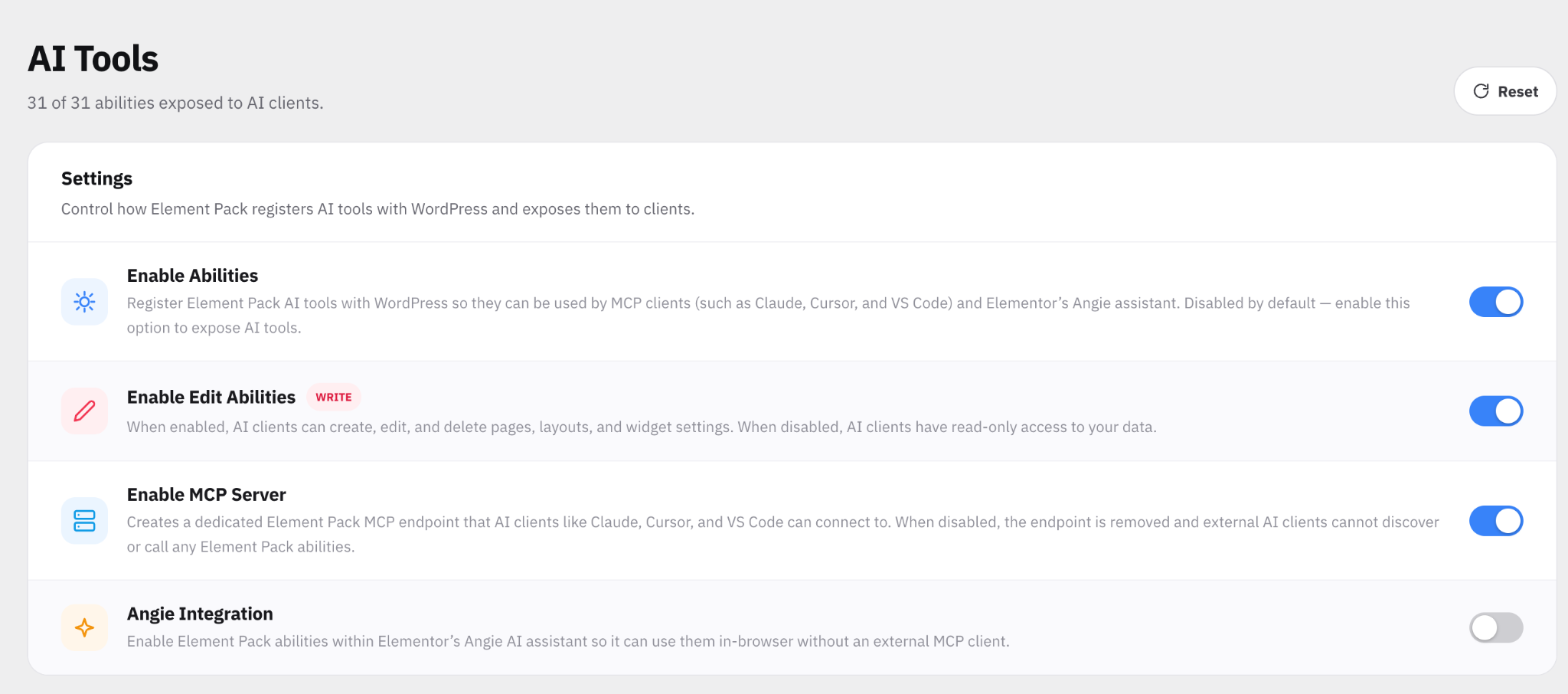 Element Pack AI Tools settings with Enable Abilities and Enable Edit Abilities switches Element Pack AI Tools settings with Enable Abilities and Enable Edit Abilities switches