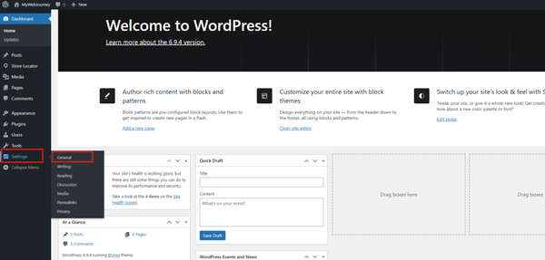 WordPress dashboard basic settings