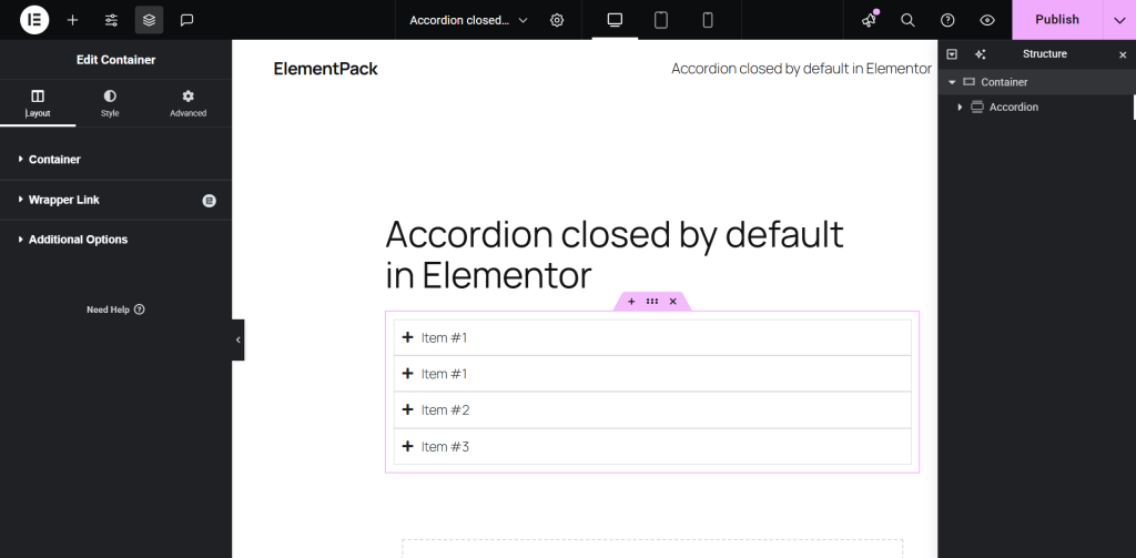 accordion closed by default in Elementor