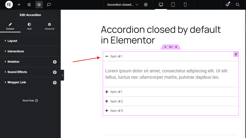 Select an item in the accordion widget