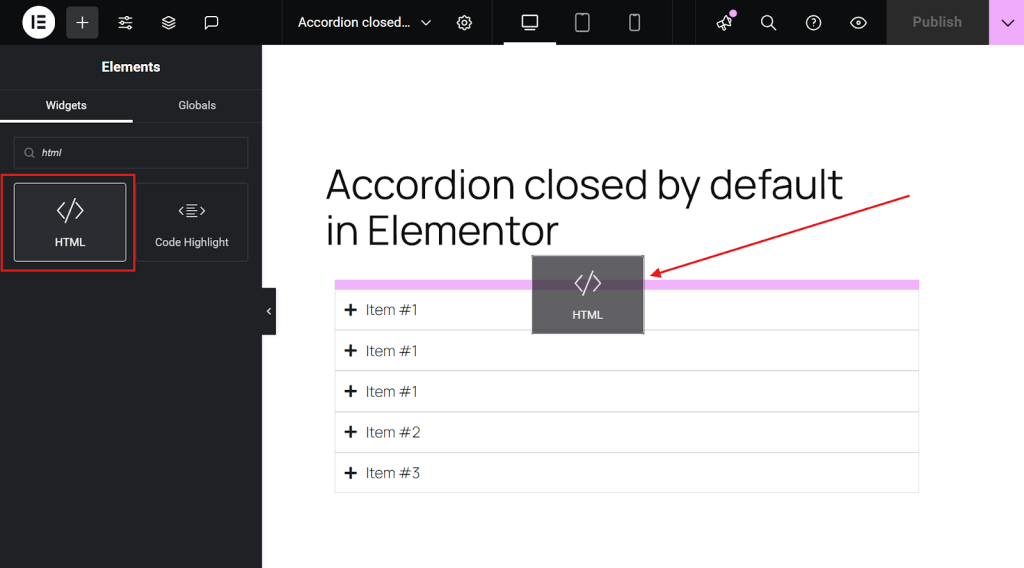 Just above your accordion widget, place an “HTML Widget” from the elements panel