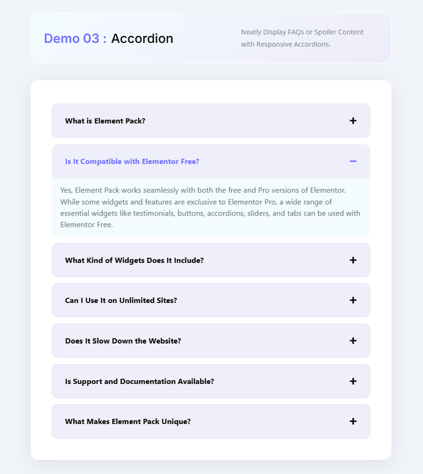 Accordion 03: Neatly display FAQs or spoiler content with a responsive Accordion.