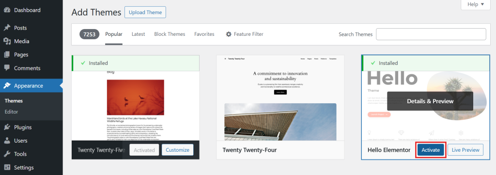 installing and activating new theme on WordPress website installing and activating new theme on WordPress website