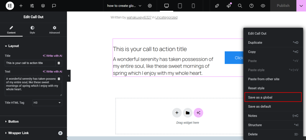 Save the Widget as a Global Widget
