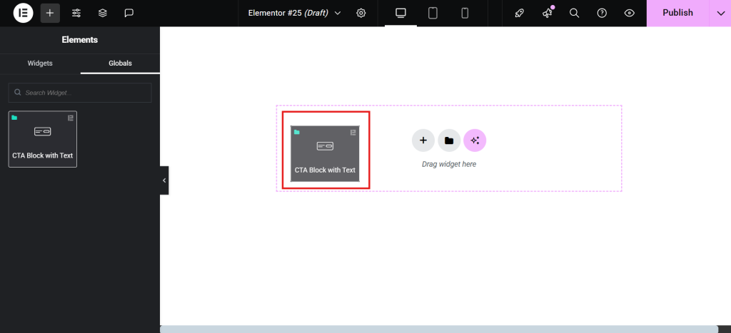 Drag your saved global widget into the elementor page layout
