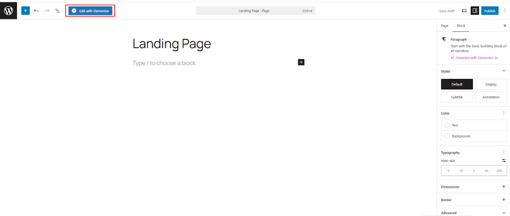 Add a simple title for your page, like “Landing Page.” Then click Edit with Elementor.