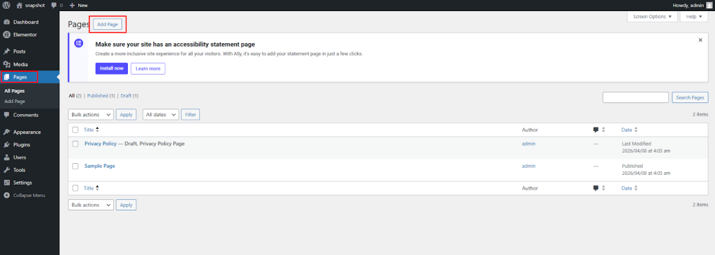 go to Pages → Add New.