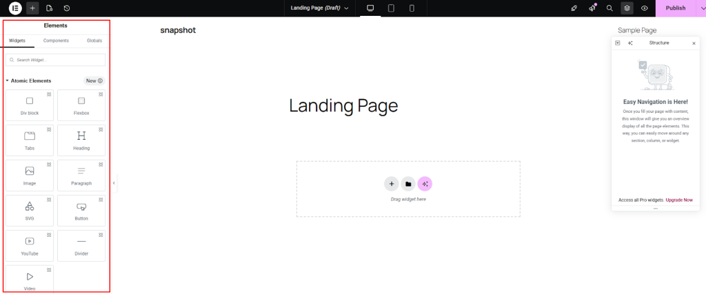 you will see the Elementor editor. On the left side, you will find different elements. On the right side, you will see your page