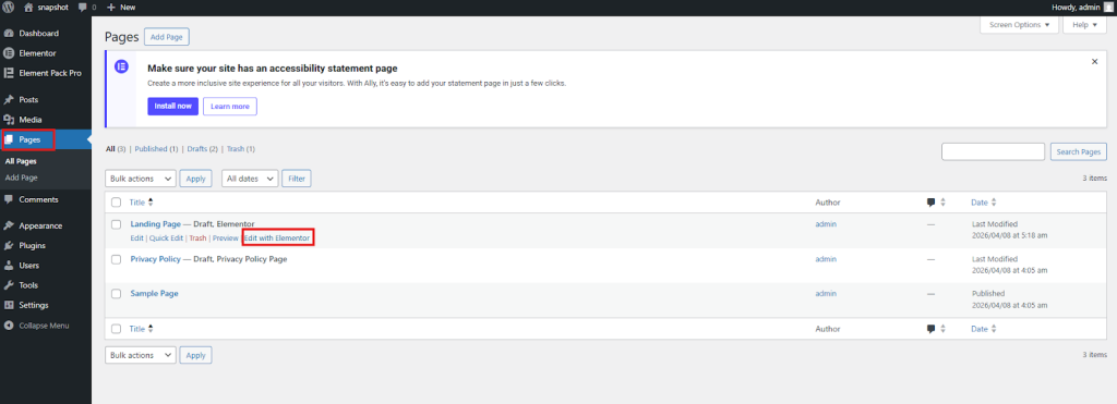So, go back to Pages. Then click Edit with Elementor.