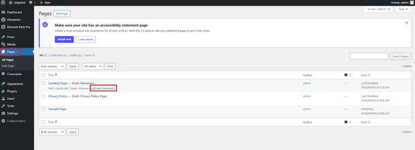 So, go back to Pages. Then click Edit with Elementor. So, go back to Pages. Then click Edit with Elementor.