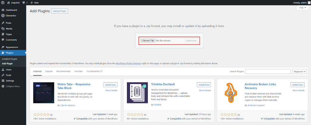 Then click Choose File and select the plugin file from your computer.