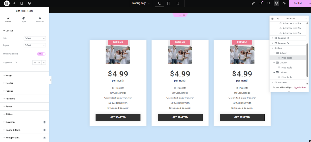 After inserting, the pricing table will be added to your landing page.