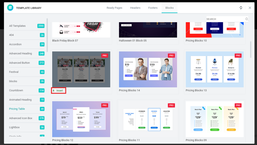 Select any pricing table, then click Insert.