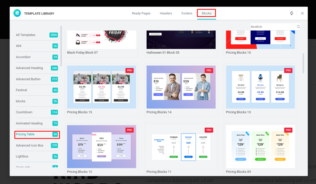 Then go to Blocks → Pricing Table.