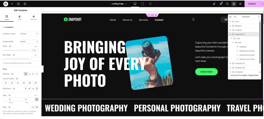 Click on images to replace them. You can also change colors, layout, and content from the left panel.