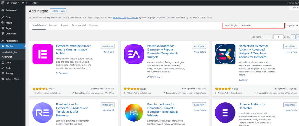 Then search for “Elementor.”