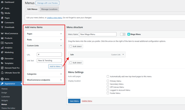Add menu items (custom links or existing pages) to the menu