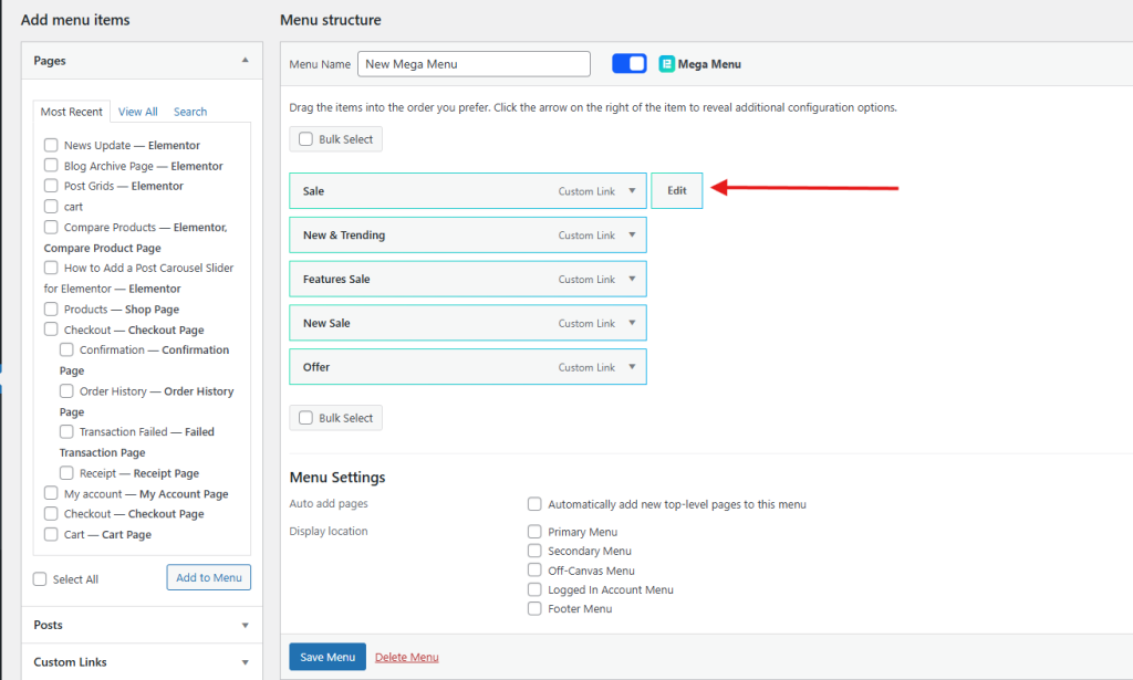 Click the Edit Mega Menu button that appears Click the Edit Mega Menu button that appears