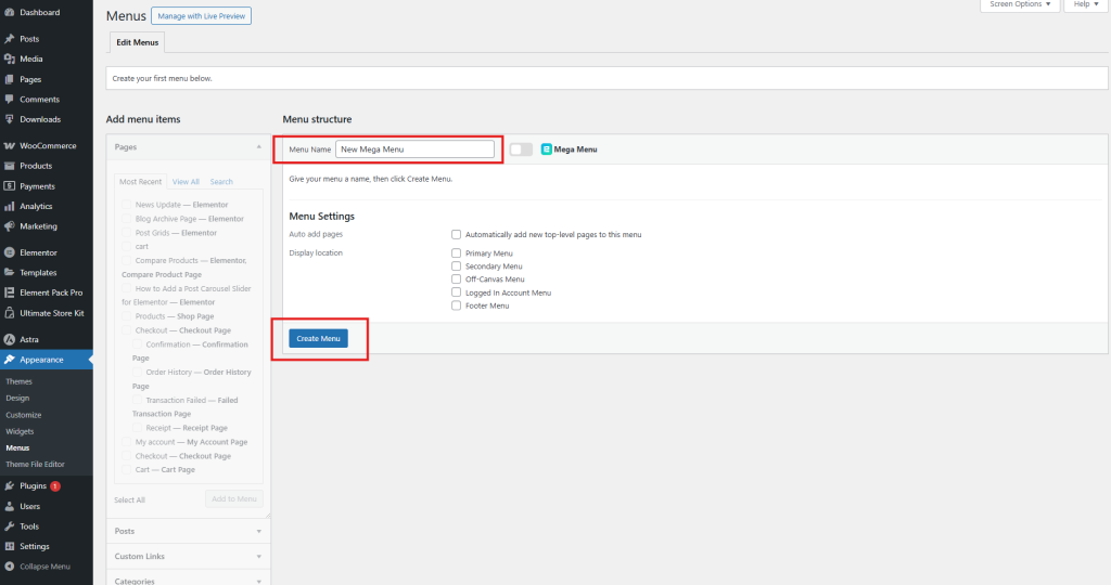Name your menu and click Create Menu. Name your menu and click Create Menu.