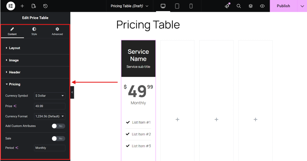 Configure the pricing table Configure the pricing table