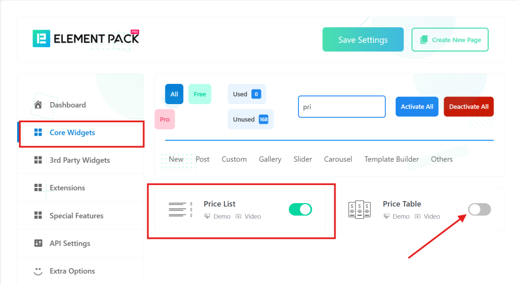 Activate the Pricing Table widget Activate the Pricing Table widget