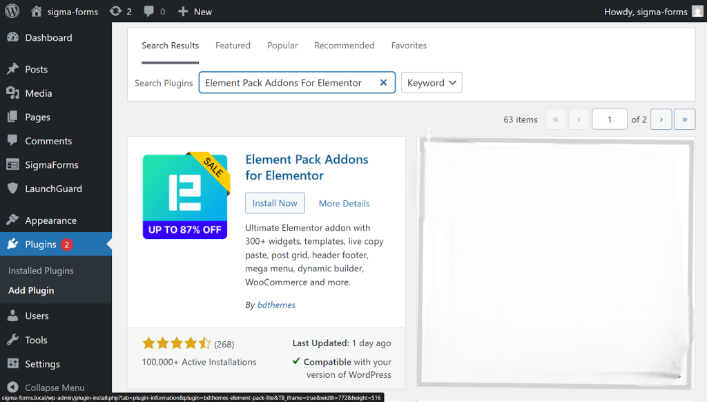 In the search bar at the top, type Element Pack to find the plugin. In the search bar at the top, type Element Pack to find the plugin.
