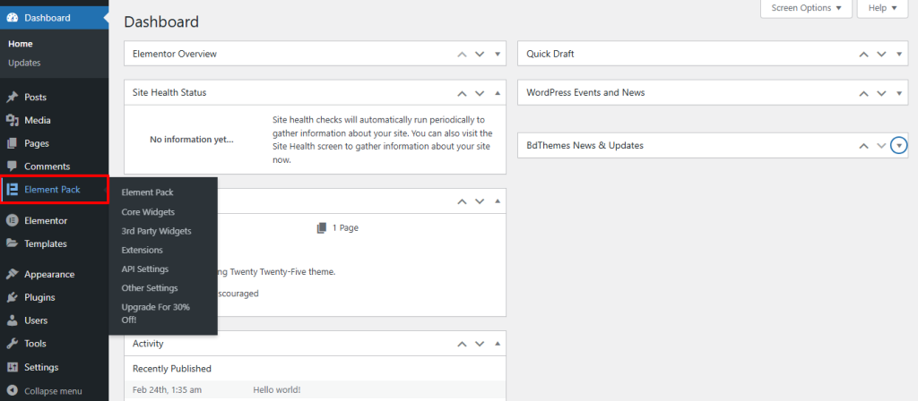 Element Pack in the dashboard