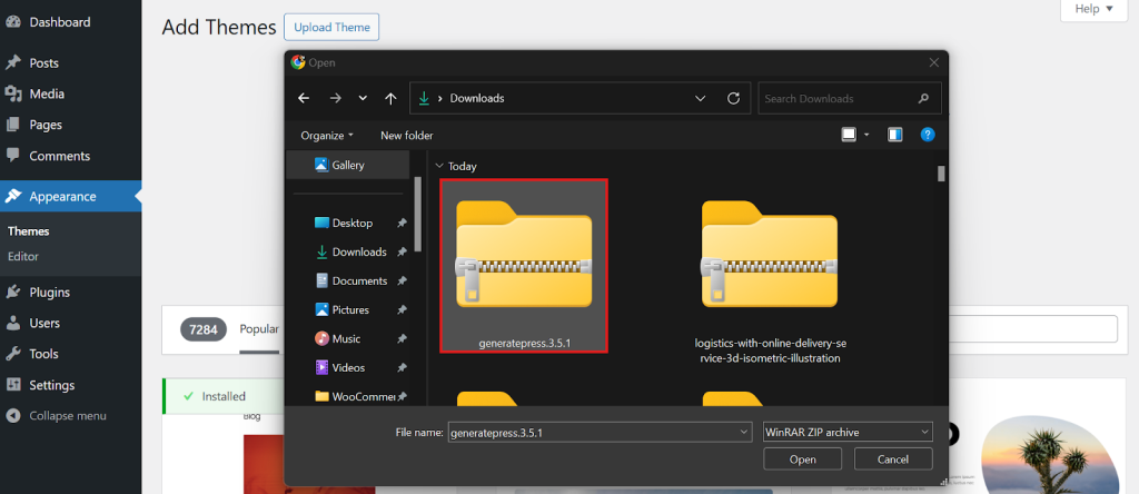 Select the .zip file - How to Install Themes in WordPress