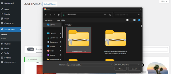 Select the .zip file - How to Install Themes in WordPress