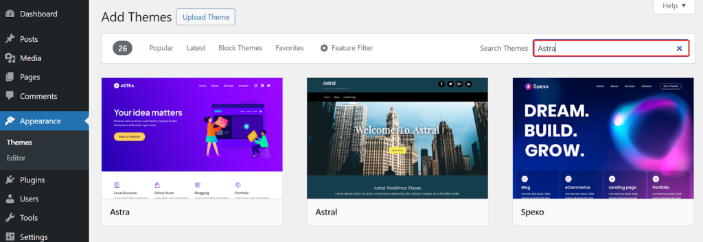 Use the search bar to find a theme