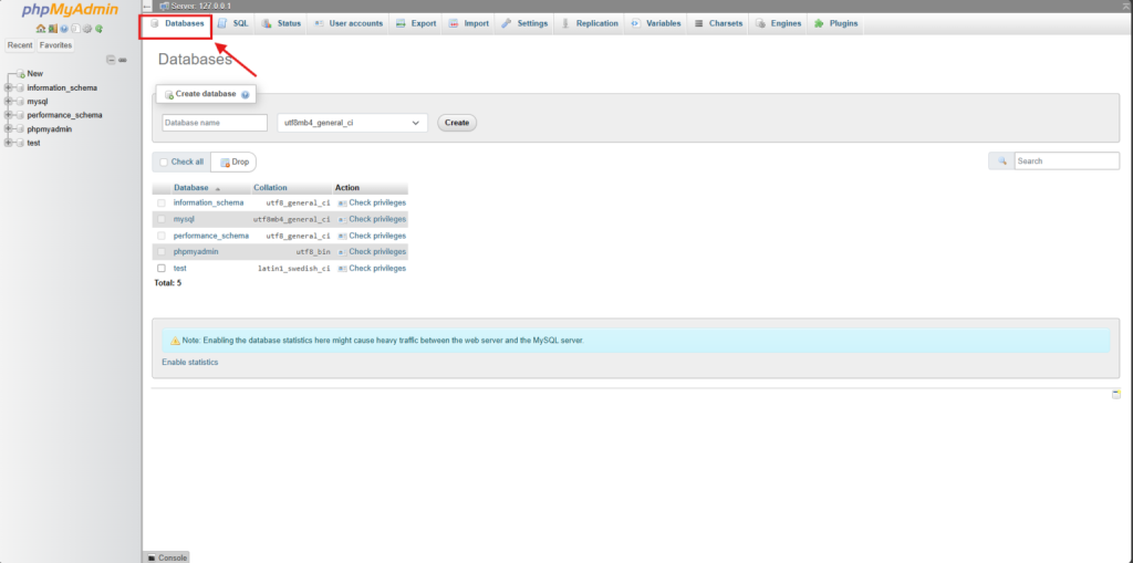Click on Database - Install WordPress Locally