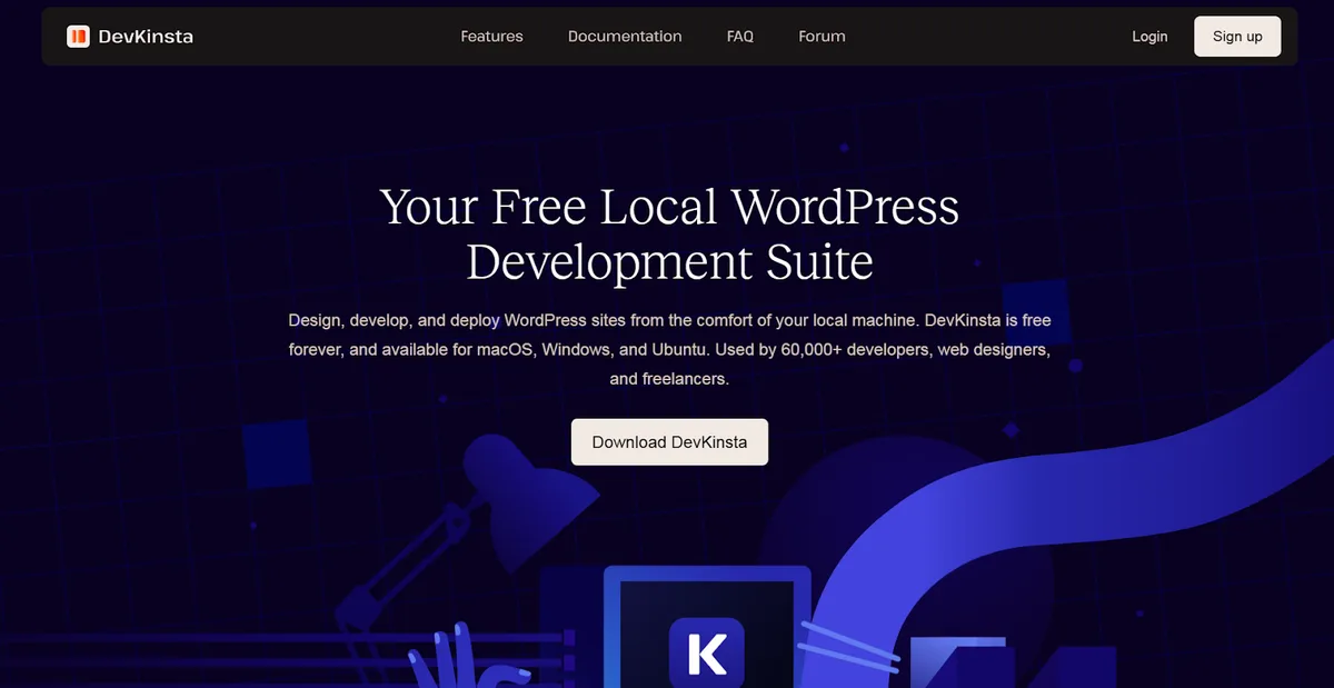 DevKinsta homepage for a free local WordPress development suite DevKinsta homepage for a free local WordPress development suite
