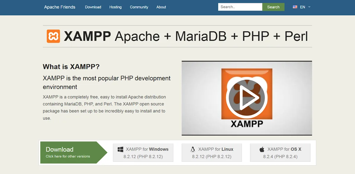 XAMPP homepage with Apache, MariaDB, PHP, and Perl download options XAMPP homepage with Apache, MariaDB, PHP, and Perl download options